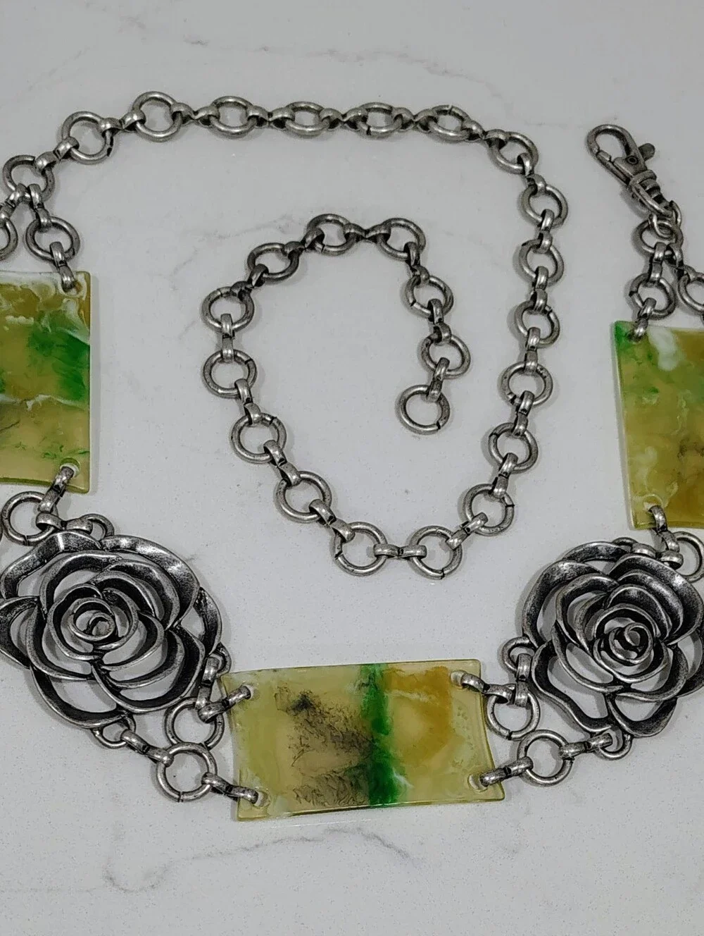 Y2K Belt Carved Metal Roses Statement Piece Silver & Marble Amber Green Inserts